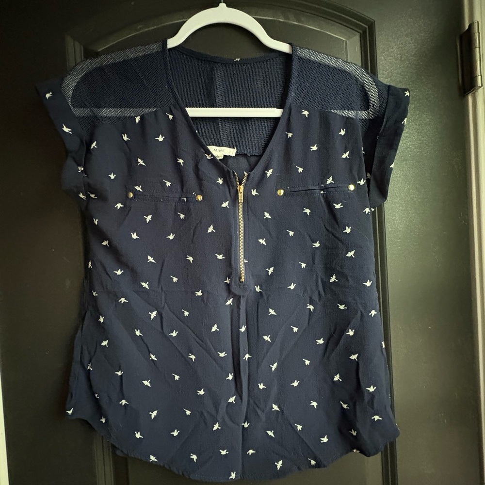 Mine Blue and White Cap Sleeve Buttoned Blouse